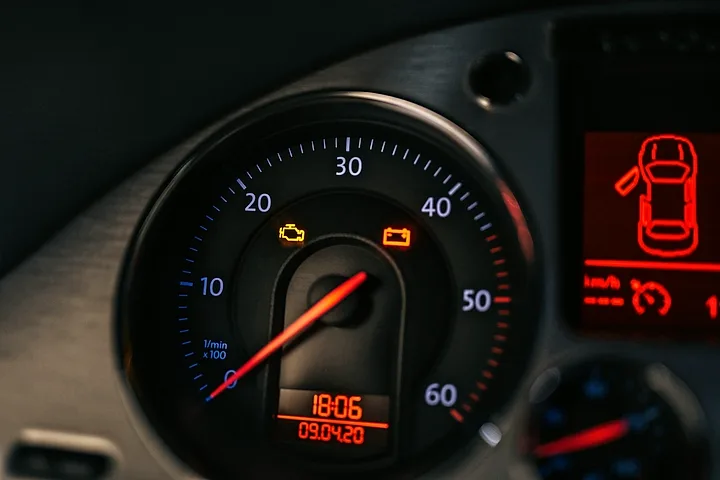 Mätartavla med en tänd gul motorsymbol och en tänd batterisymbol